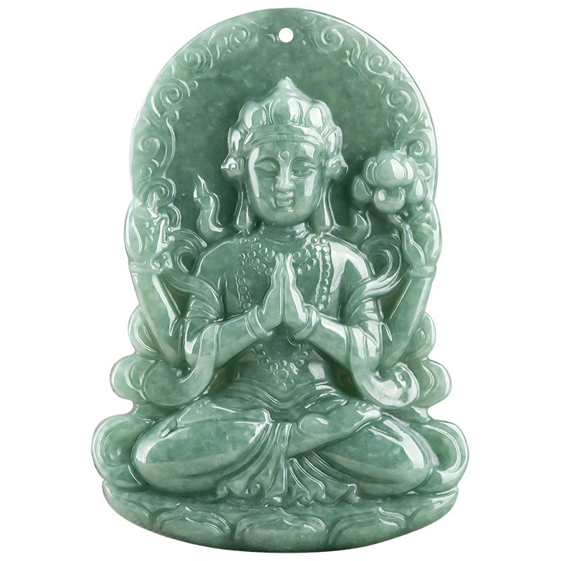 Wear FengShui Four-armed Avalokitesvara Natural Jade Amulet Blessing String Necklace