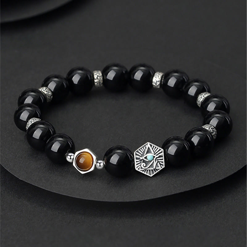 Wear FengShui 925 Sterling Silver Black Obsidian Tiger Eye Eye of Providence Purification Bracelet