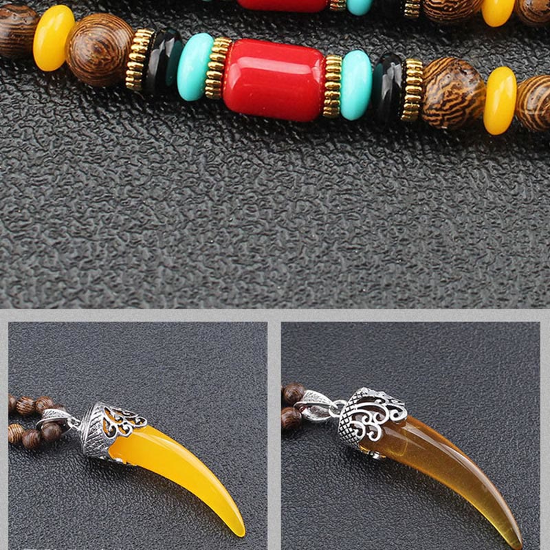 Wear FengShui Wenge Wood Turquoise Stone Horn Style Protection Meditation Necklace Pendant