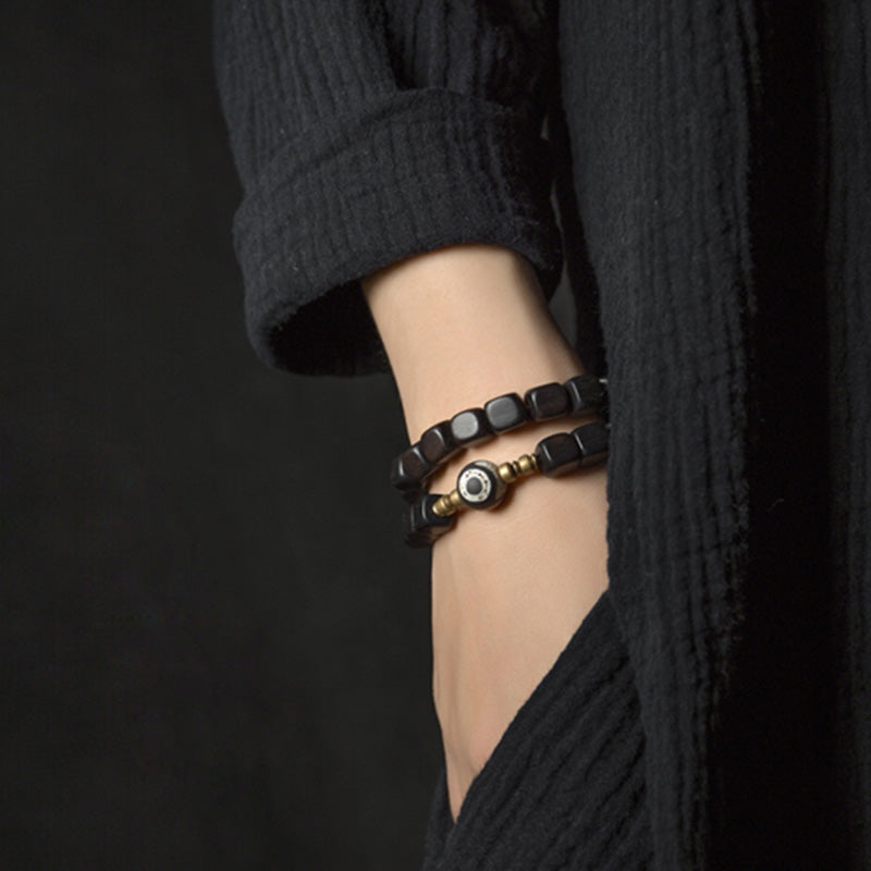 Wear FengShui Ebony Wood Dzi Bead Copper Peace Couple Bracelet