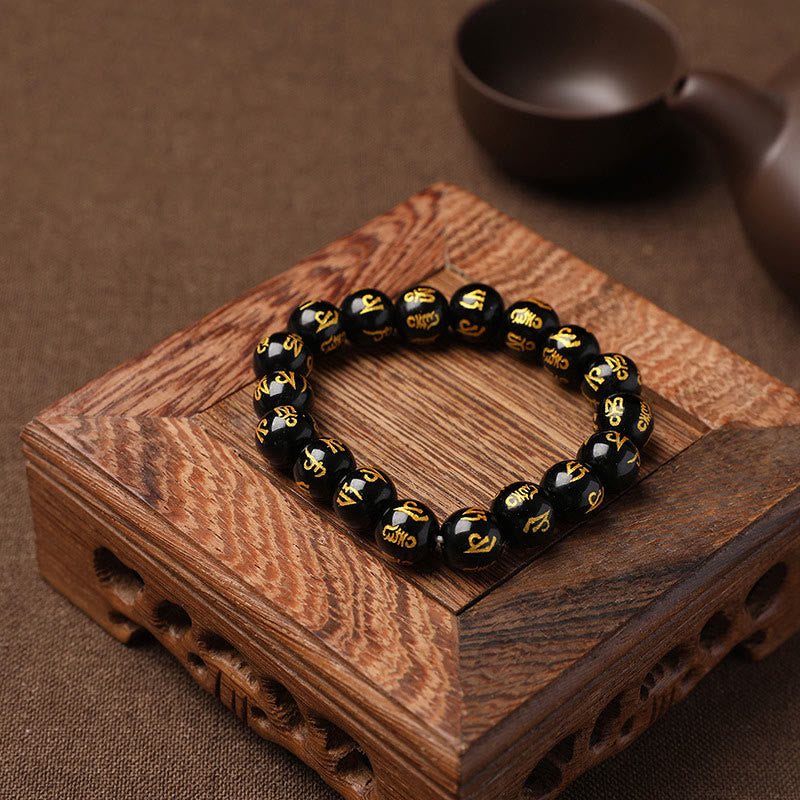 Wear FengShui Tibet White Crystal Black Onyx Om Mani Padme Hum Meditation Bracelet