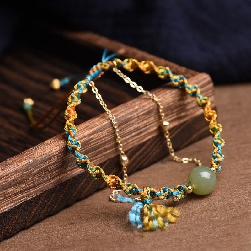 Wear FengShui Handmade Colorful Rope Luck Jade Bead Abundance Double Layer Bracelet