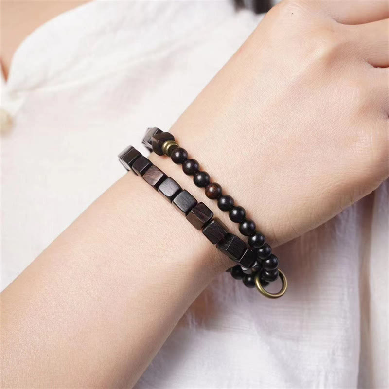 Wear FengShui Tibet Ebony Wood Square Beads Peace Double Wrap Bracelet