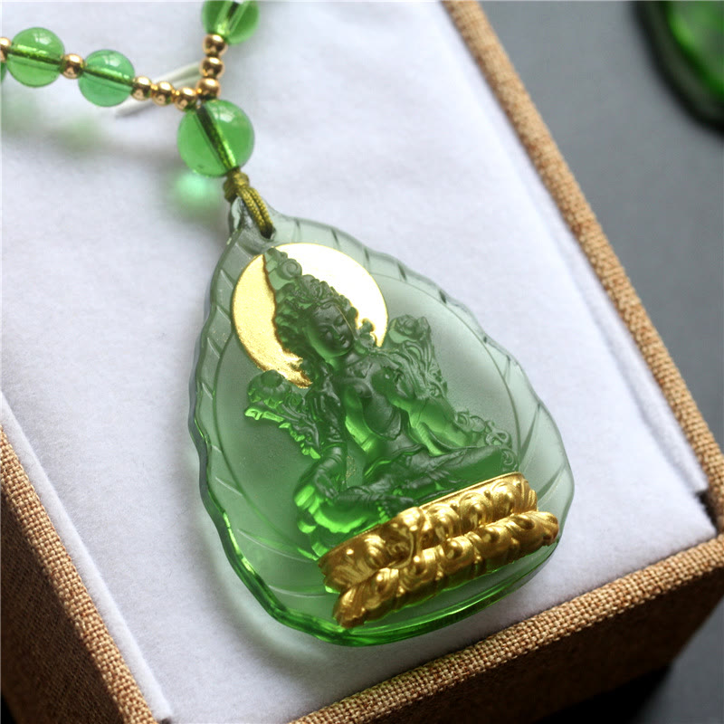 Wear FengShui Tibetan Green Tara Buddha Gold Plated Liuli Crystal Protection Necklace Pendant