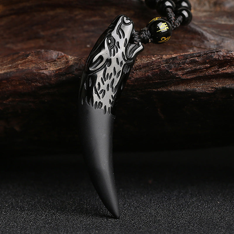 Wear FengShui Natural Ice Obsidian Wolf Tooth Pattern Courage Necklace Pendant