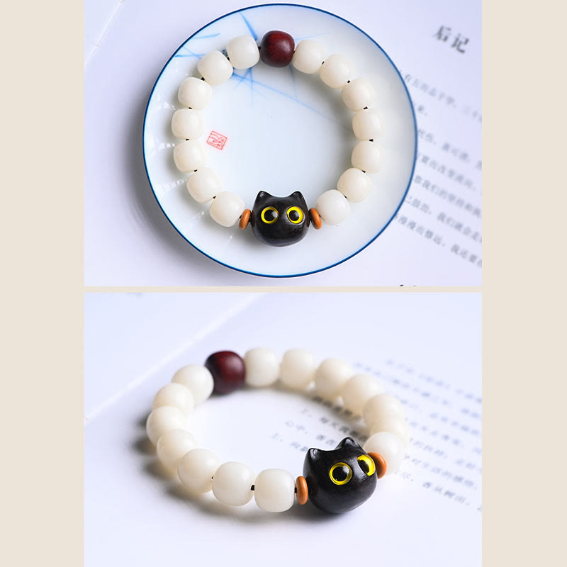 Wear FengShui Natural Bodhi Seed Small Leaf Red Sandalwood Ebony Wood Cute Lucky Cat Wisdom Bracelet