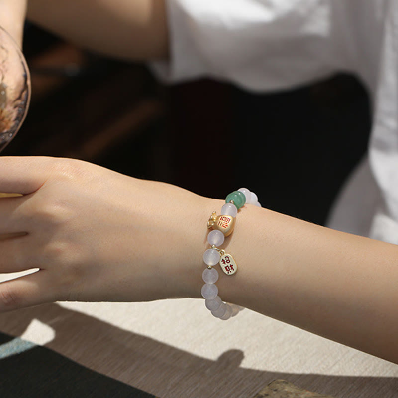 Wear FengShui Natural White Agate Red Agate Money Bag Fu Character Four Leaf Clover Protection Bracelet