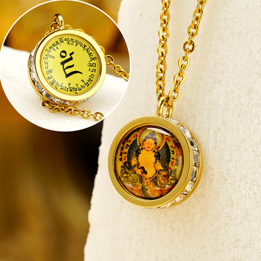 Wear FengShui Tibetan Yellow God Of Wealth Green Tara Buddha Serenity Titanium Steel Necklace Pendant