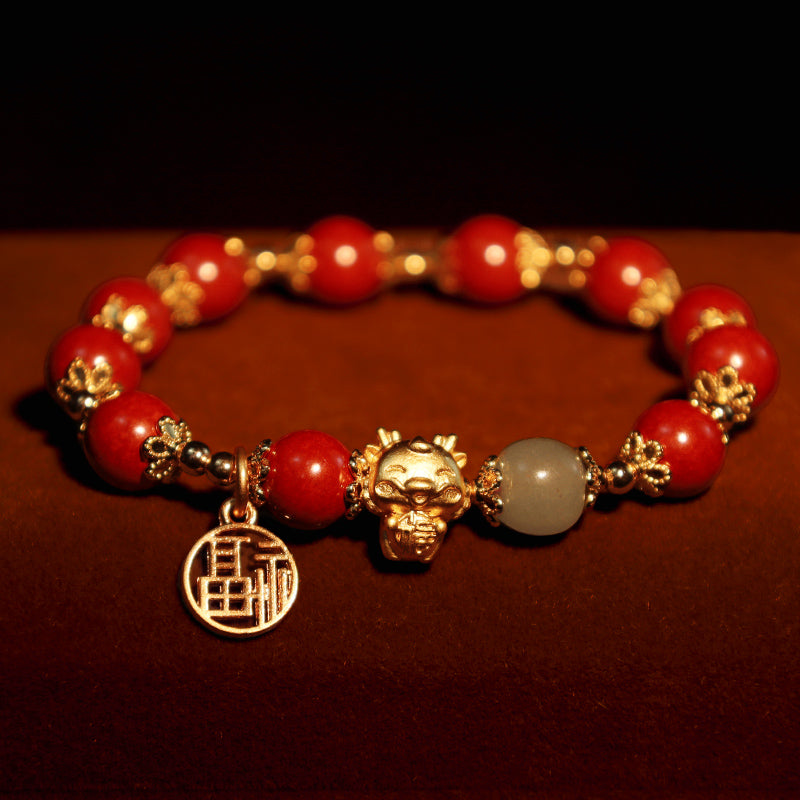 Wear FengShui Year of the Dragon Natural Cinnabar Fu Character Charm Blessing Bracelet