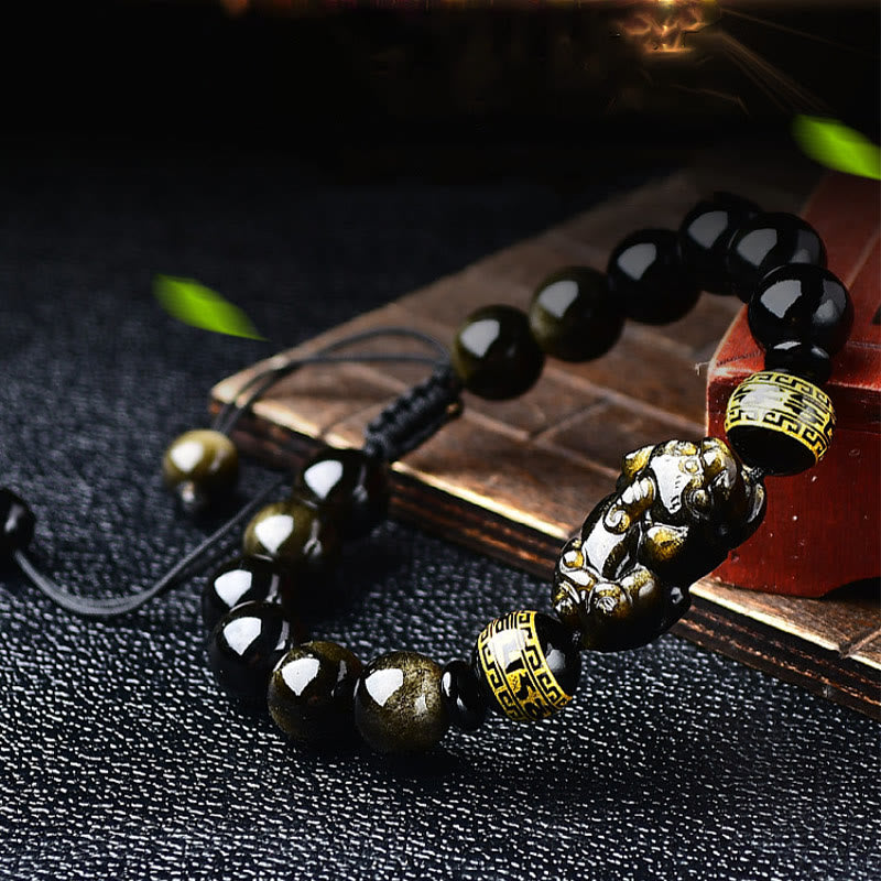 Wear FengShui Natural Gold Sheen Obsidian PiXiu Om Mani Padme Hum Wealth Braided Bracelet