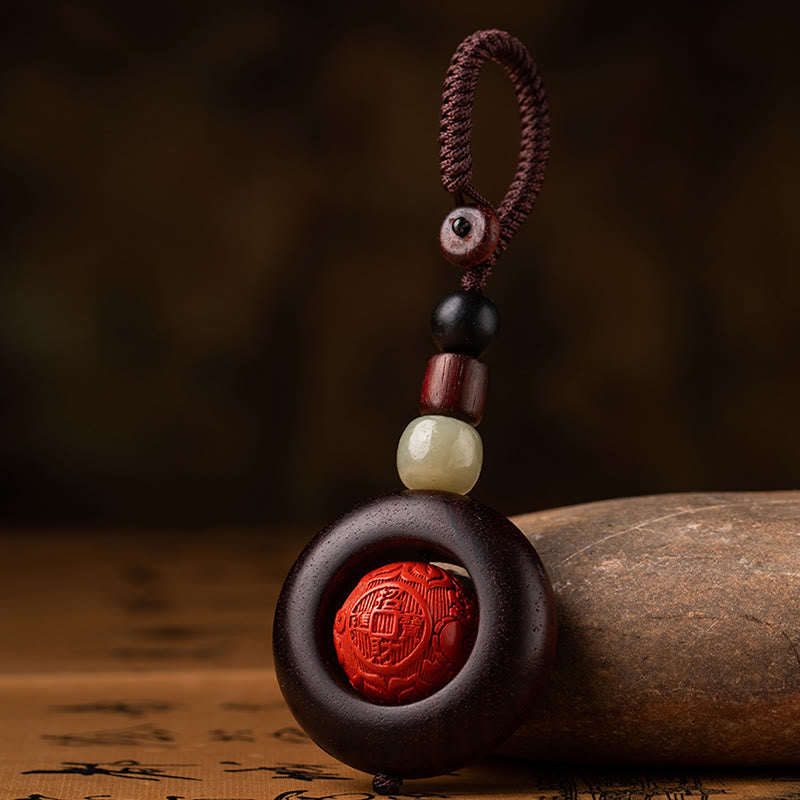 Wear FengShui Tibet Om Mani Padme Hum PiXiu Copper Coin Small Leaf Red Sandalwood Cinnabar Protection Key Chain