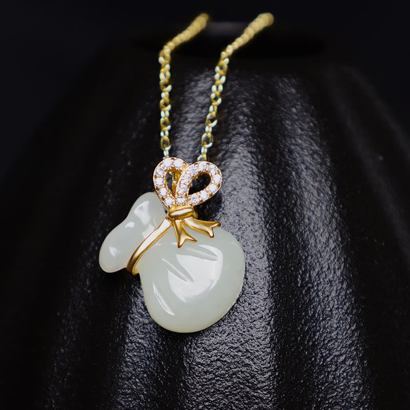 Wear FengShui Natural Hetian White Jade Luck Money Bag Necklace Pendant