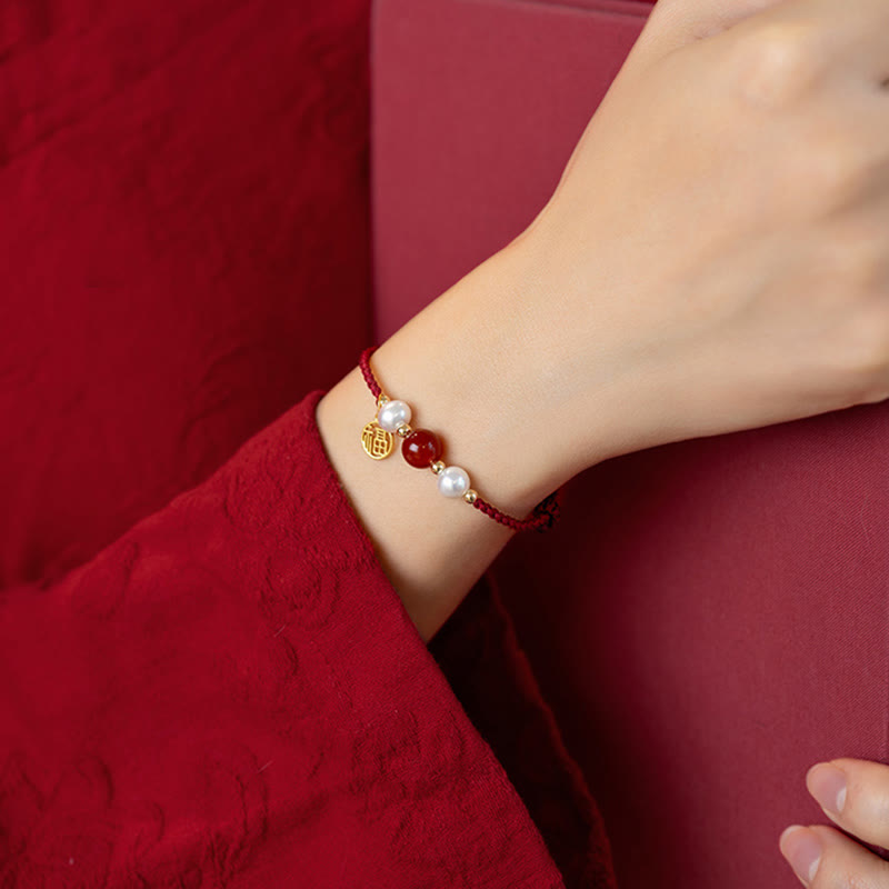 Wear FengShui 925 Sterling Silver Good Fortune Fu Character Agate Pearl Red String Braid Bracelet