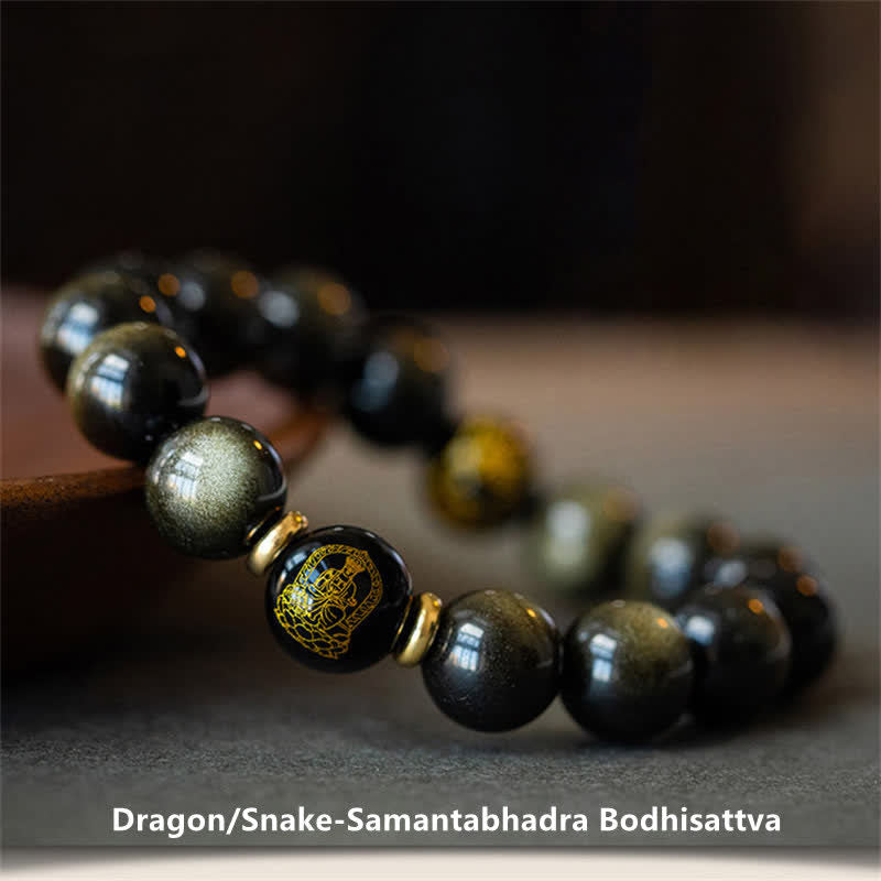 Wear FengShui Chinese Zodiac Natal Buddha Gold Sheen Obsidian Wealth Protection Bracelet
