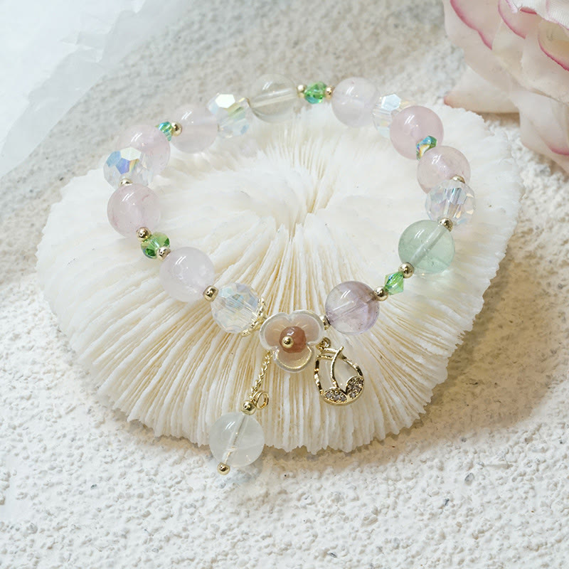 Wear FengShui Strawberry Quartz Rutilated Quartz Fluorite Flower Healing Bracelet
