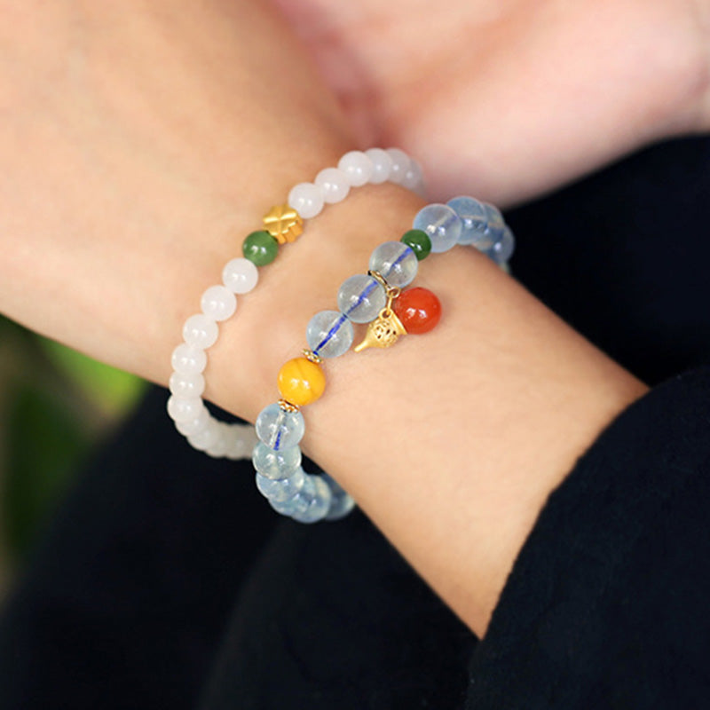 Wear FengShui Aquamarine Red Agate Peace Gourd Charm Bracelet