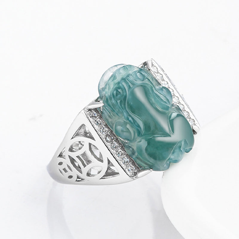 Wear FengShui 925 Sterling Silver Fengshui Wealth Prosperity Jade PiXiu Luck Ring