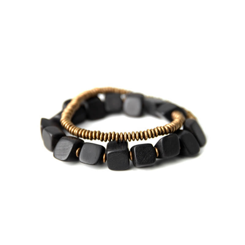 Wear FengShui Tibetan Ebony Wood Copper Peace Double Wrap Bracelet