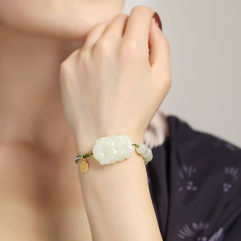 Wear FengShui 925 Sterling Silver Chinese Zodiac Hetian Jade Happiness Luck String Bracelet