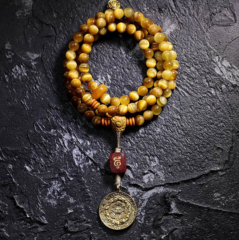 Wear FengShui 108 Mala Beads Natural Tiger Eye Copper Dorje Protection Tassel Bracelet