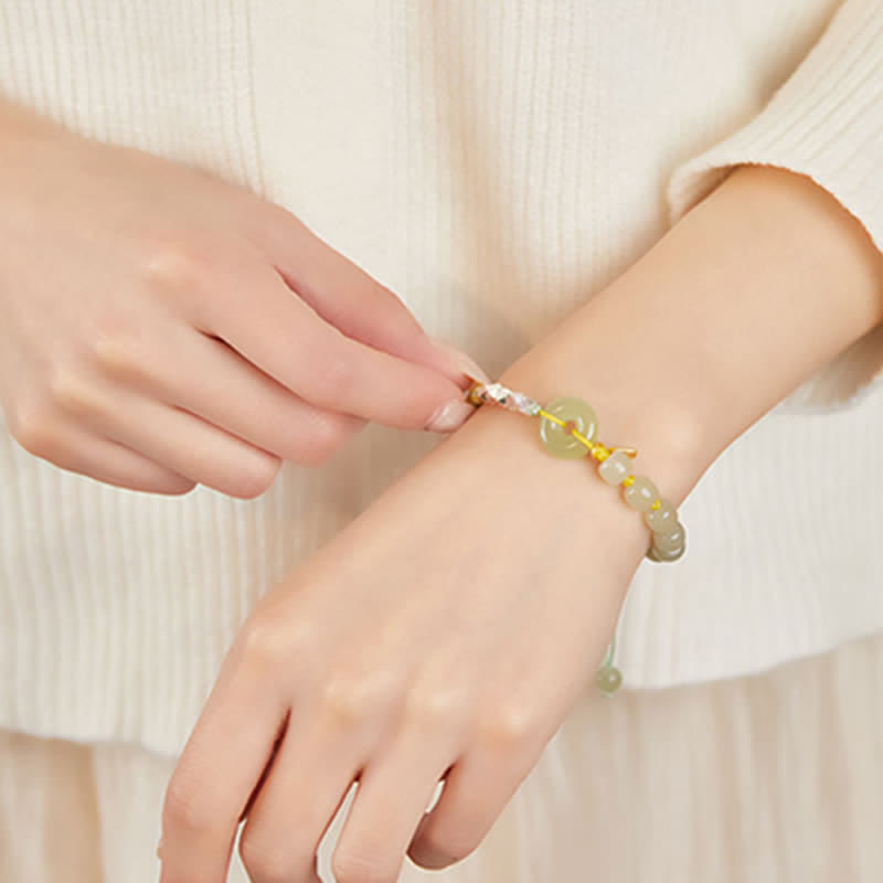 Wear FengShui 925 Sterling Silver Hetian Jade Peace Buckle Beaded Luck Happiness Charm Bracelet