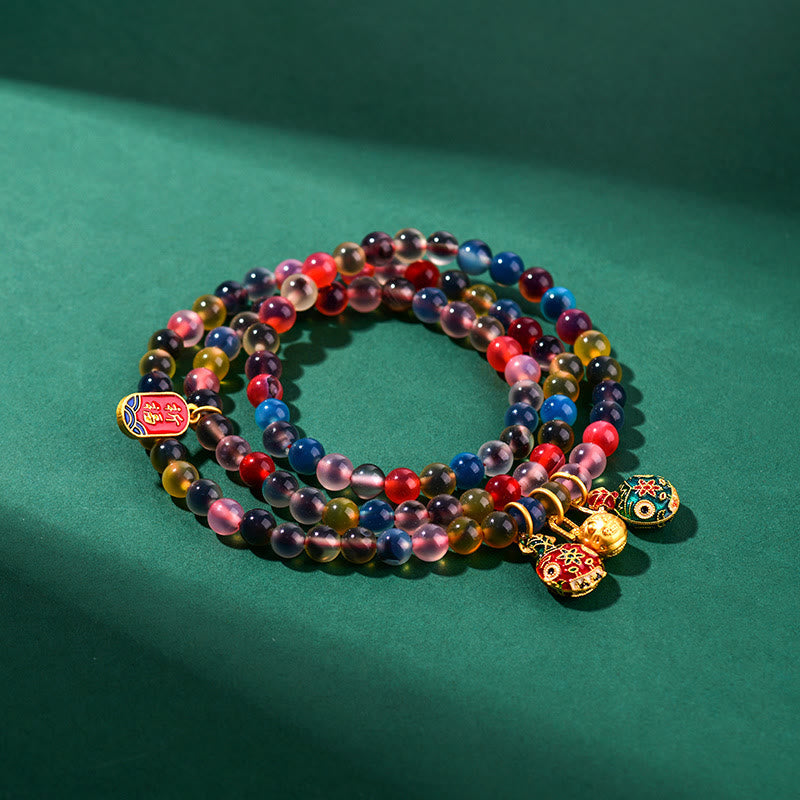 Wear FengShui Colorful Candy Agate Gold Swallowing Beast Family Strength Charm Triple Wrap Bracelet