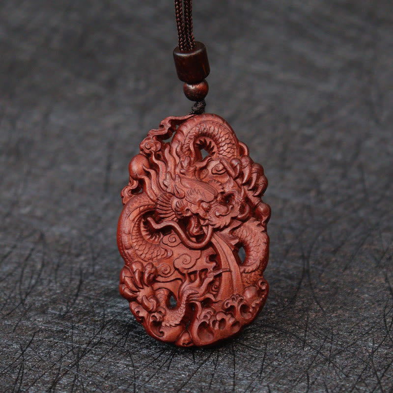 Wear FengShui Lightning Struck Jujube Wood Double Dragon Relief Ward Off Evil Spirits Necklace Pendant