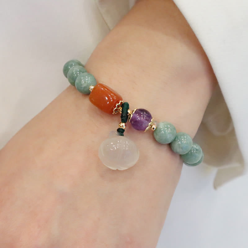 Wear FengShui Cyan Jade Lotus Pumpkin Wish Peace Buckle Amethyst Crystal Healing Bracelet