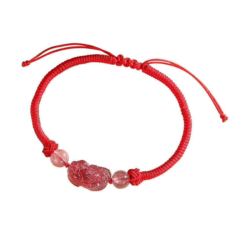 Wear FengShui Handmade Natural Silver Sheen Obsidian Strawberry Quartz PiXiu Protection Braided Bracelet