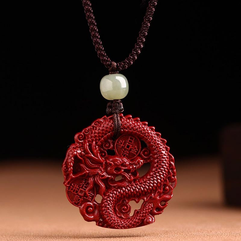 Wear FengShui Year Of The Dragon Natural Cinnabar Hetian Jade Bead Copper Coin Attract Wealth Strength Necklace Pendant