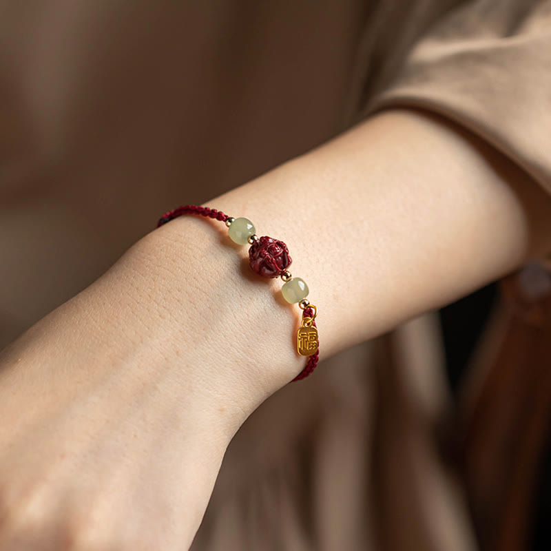 Wear FengShui Natural Cinnabar Chinese Zodiac Hetian Jade Fu Character Luck Rope Bracelet