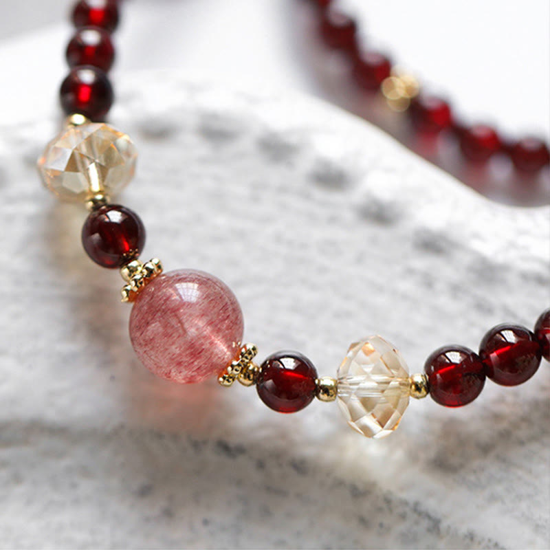 Wear FengShui 14K Gold Plated Natural Garnet Strawberry Quartz Stability Double Wrap Bracelet