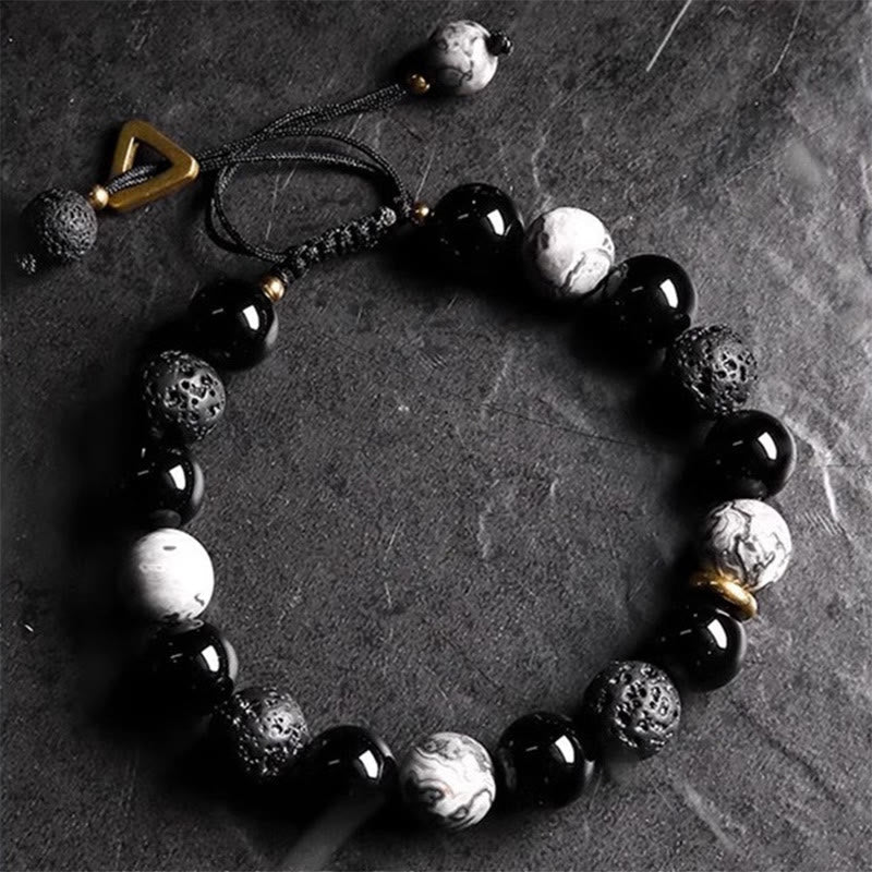 Wear FengShui Black Obsidian Lava Rock Stone Yin Yang Strength Bracelet
