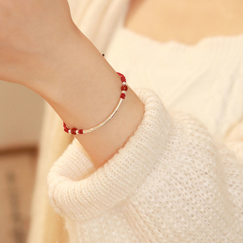 Wear FengShui 925 Sterling Silver Bamboo White Agate Red Agate Bead Protection String Braided Bracelet