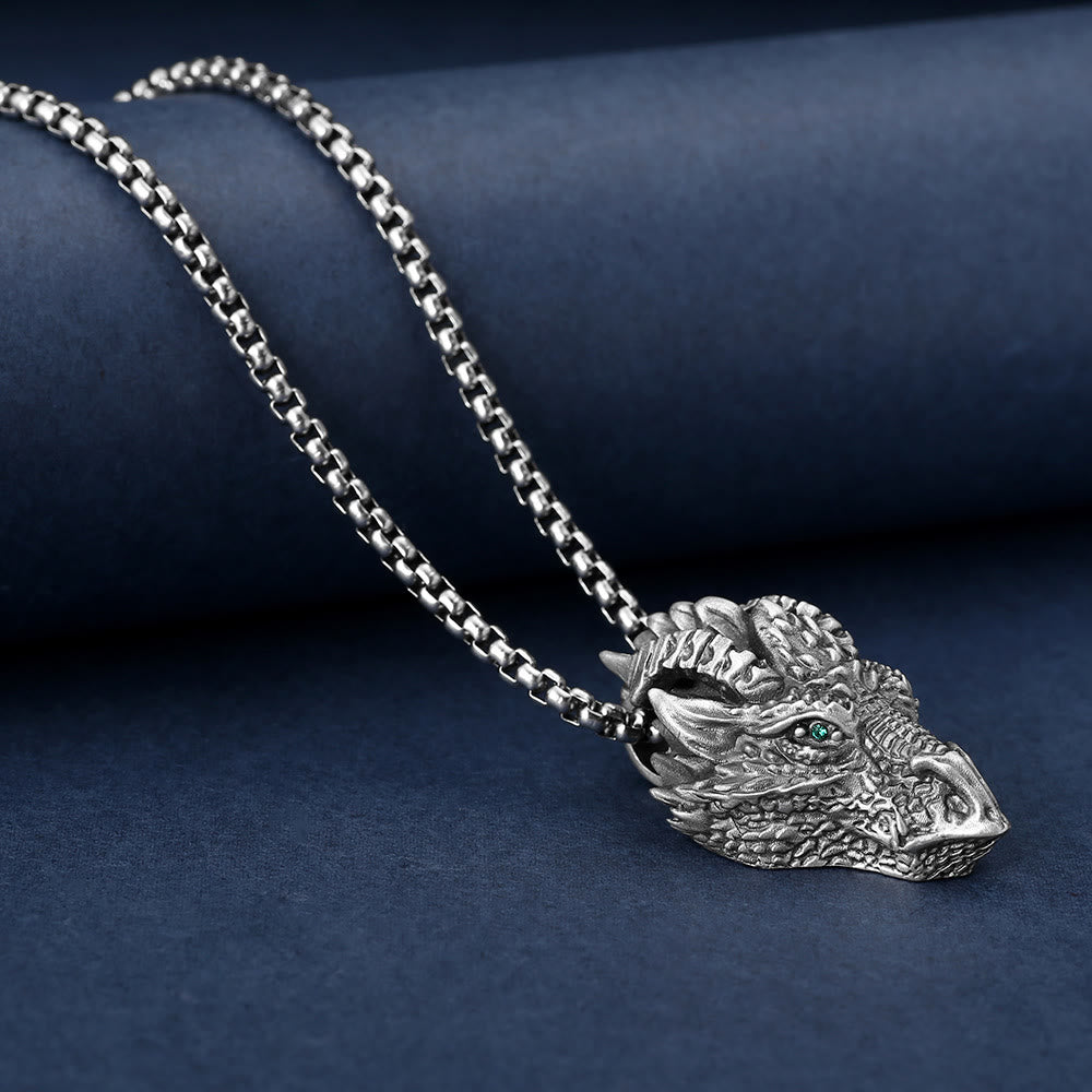Wear FengShui Pure Tin Dragon Head Luck Protection Metal Necklace Pendant