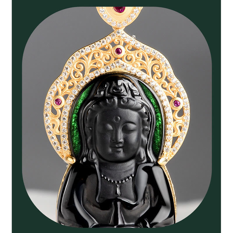 Wear FengShui Natural Black Jade Kwan Yin Avalokitesvara Wealth Titanium Steel Chain Necklace Pendant