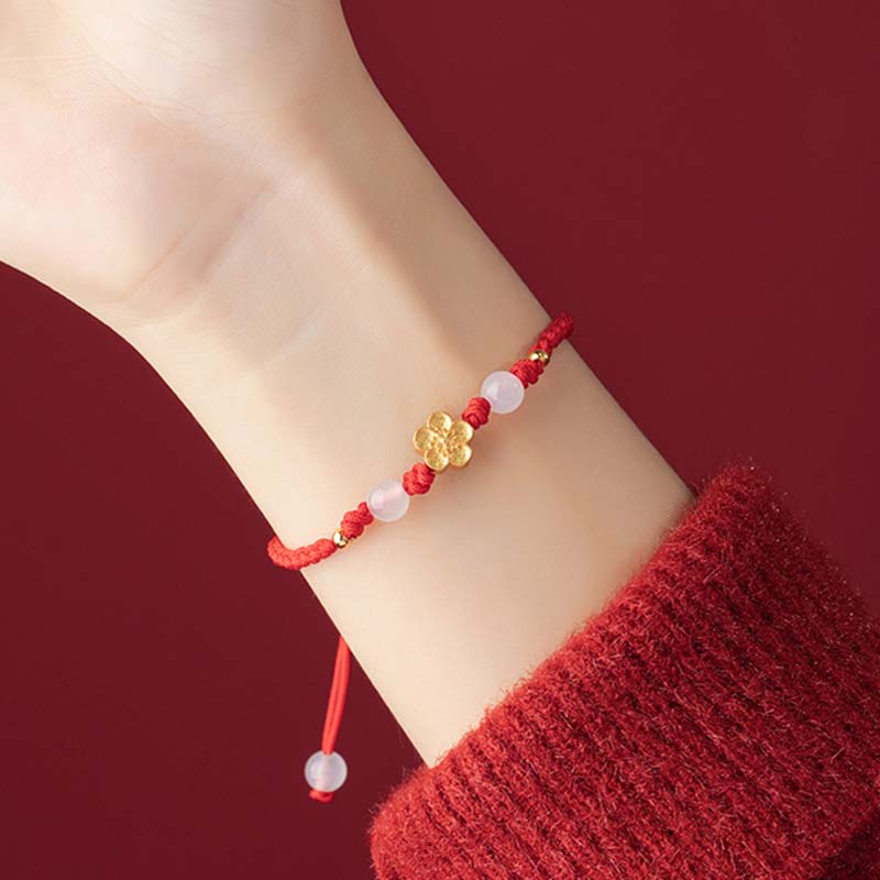 Wear FengShui Handmade 925 Sterling Silver Peach Blossom Cherry Sakura Chalcedony Bead Luck Red Rope Bracelet