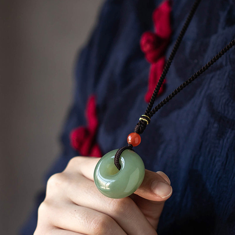 Wear FengShui Natural Round Jade Gray Jade Peace Buckle Luck Necklace Pendant