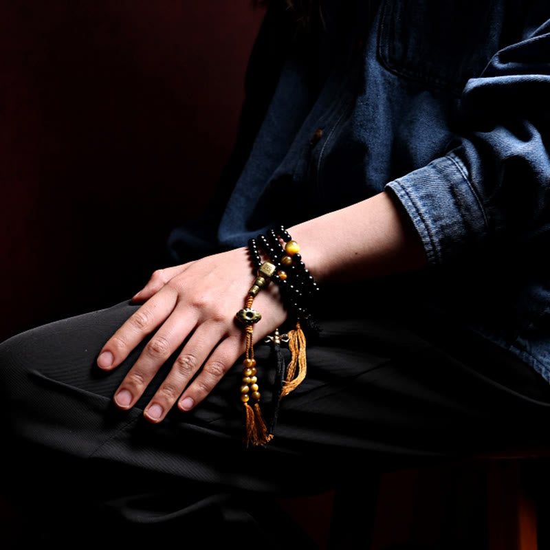 Wear FengShui Tibetan 108 Mala Beads Black Onyx Tiger Eye Beads Nine Palaces Bagua Protection Bracelet
