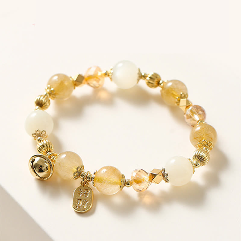 Wear FengShui 14K Gold Plated Golden Rutilated Quartz Wealth Bell Lucky Fortune Charm Bracelet