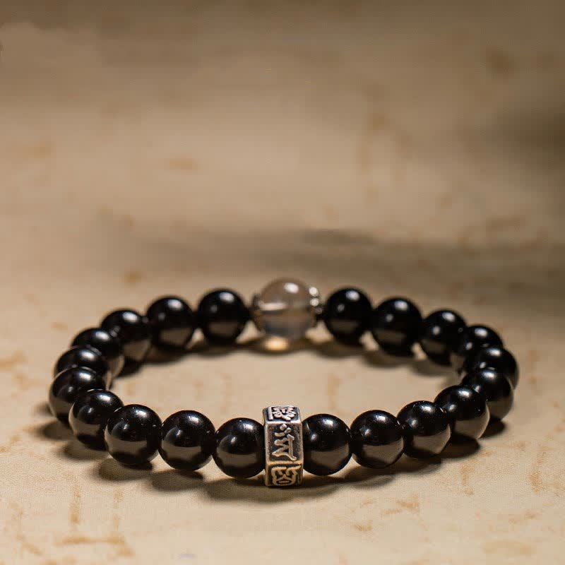 Wear FengShui Chinese Zodiac Natal Buddha 925 Sterling Silver Black Obsidian Moonstone Strength Bracelet
