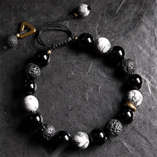 Wear FengShui Black Obsidian Lava Rock Stone Yin Yang Strength Bracelet