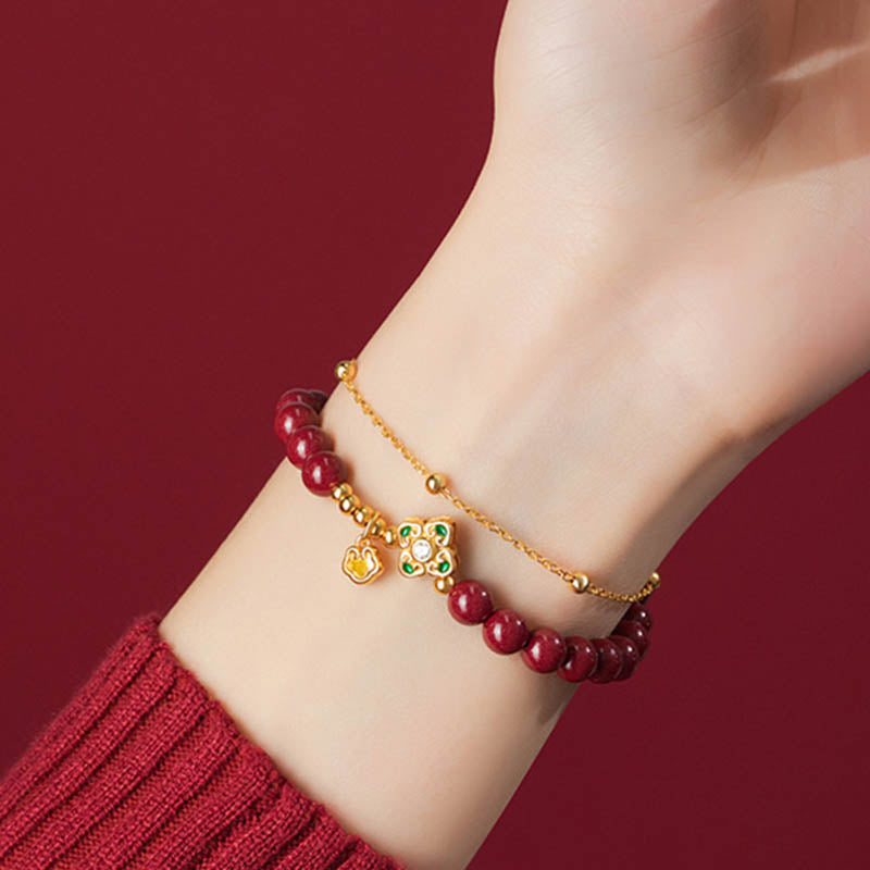 Wear FengShui 925 Sterling Silver Natural Cinnabar Four Leaf Clover Flower Blessing Chain Bracelet