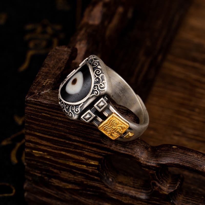 Wear FengShui 925 Sterling Silver Zakiram Goddess of Wealth Design Dzi Bead Protection Ring