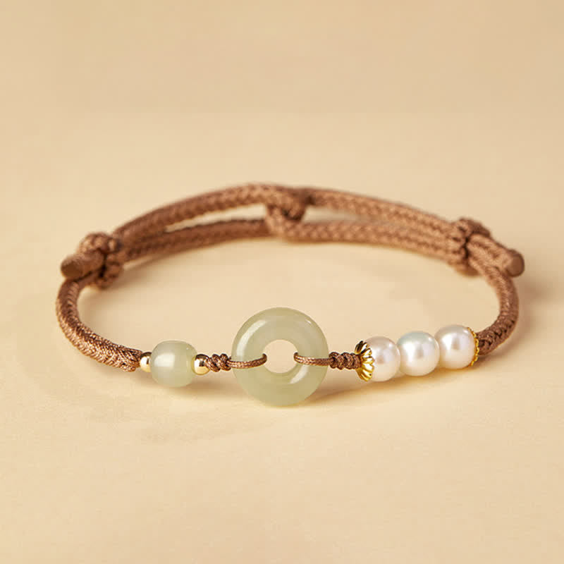 Wear FengShui Natural Hetian Jade Pearl Peace Buckle Luck Bracelet
