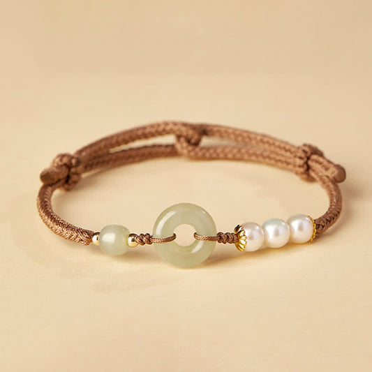 Wear FengShui Natural Hetian Jade Pearl Peace Buckle Luck Bracelet