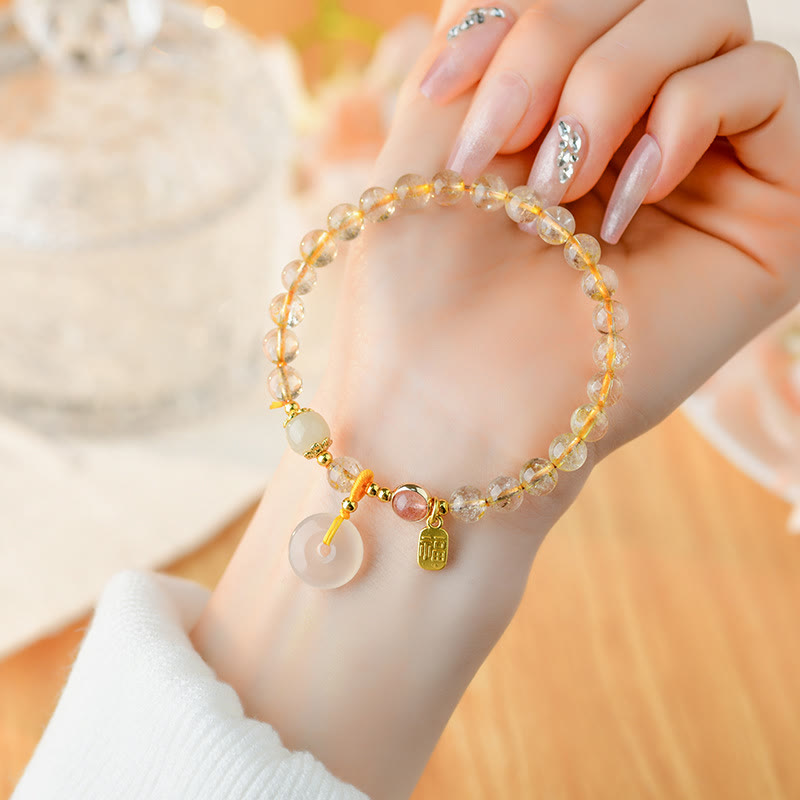 Wear FengShui Natural Golden Rutilated Quartz Fu Character Peace Buckle Charm Wealth Bracelet
