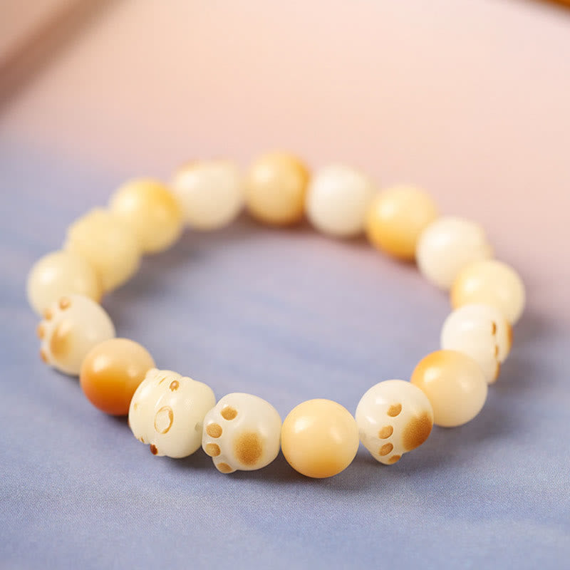 Wear FengShui Natural Bodhi Seed Sandalwood Lucky Cute Cat Head Paw Claw Peace Bracelet