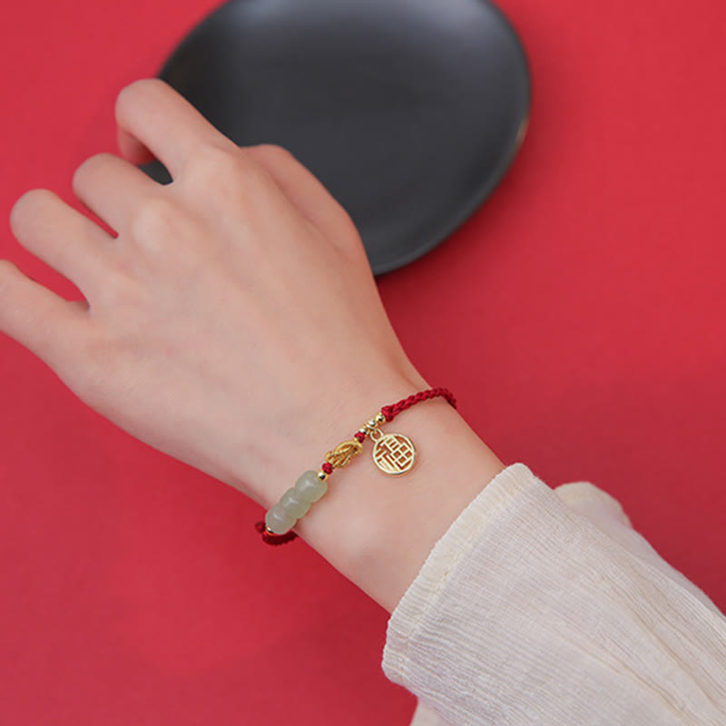 Wear FengShui Handcrafted Jade Bead Fu Character Charm Luck Red Rope Bracelet