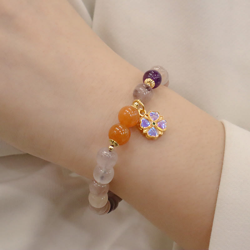 Wear FengShui Natural Purple Golden Silk Jade Violet Flower Bead Charm Wealth Bracelet